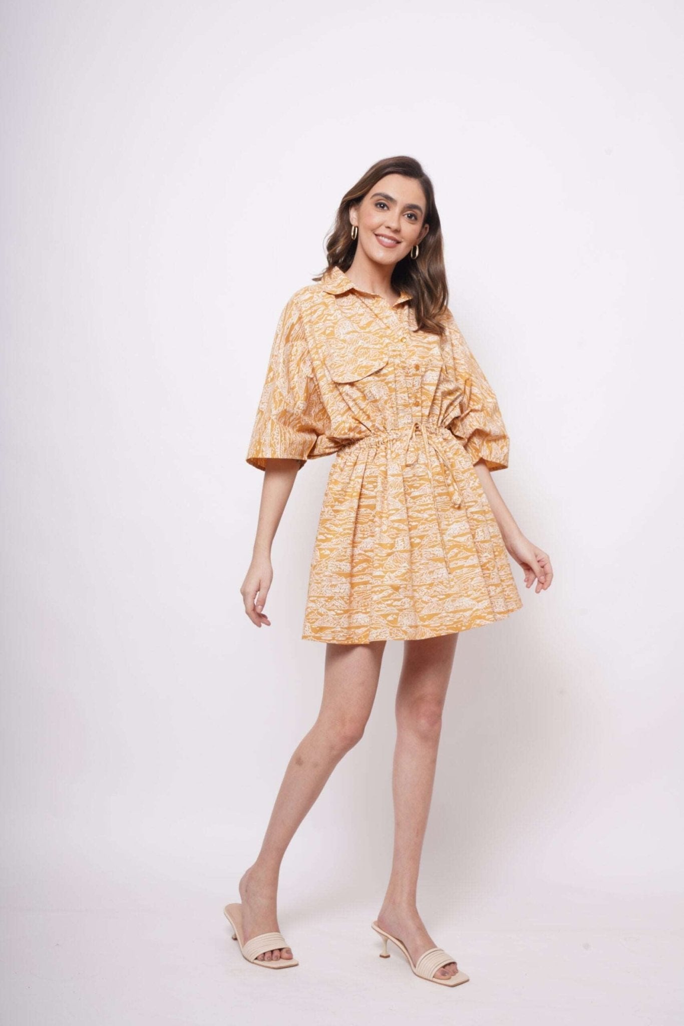 Oversized Yellow Toile Print Cotton Dress With Drawstrings - Western Era Dresses for women