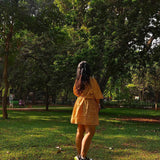 Oversized Yellow Toile Print Cotton Dress With Drawstrings - Western Era Dresses for women