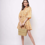 Oversized Yellow Toile Print Cotton Dress With Drawstrings - Western Era Dresses for women