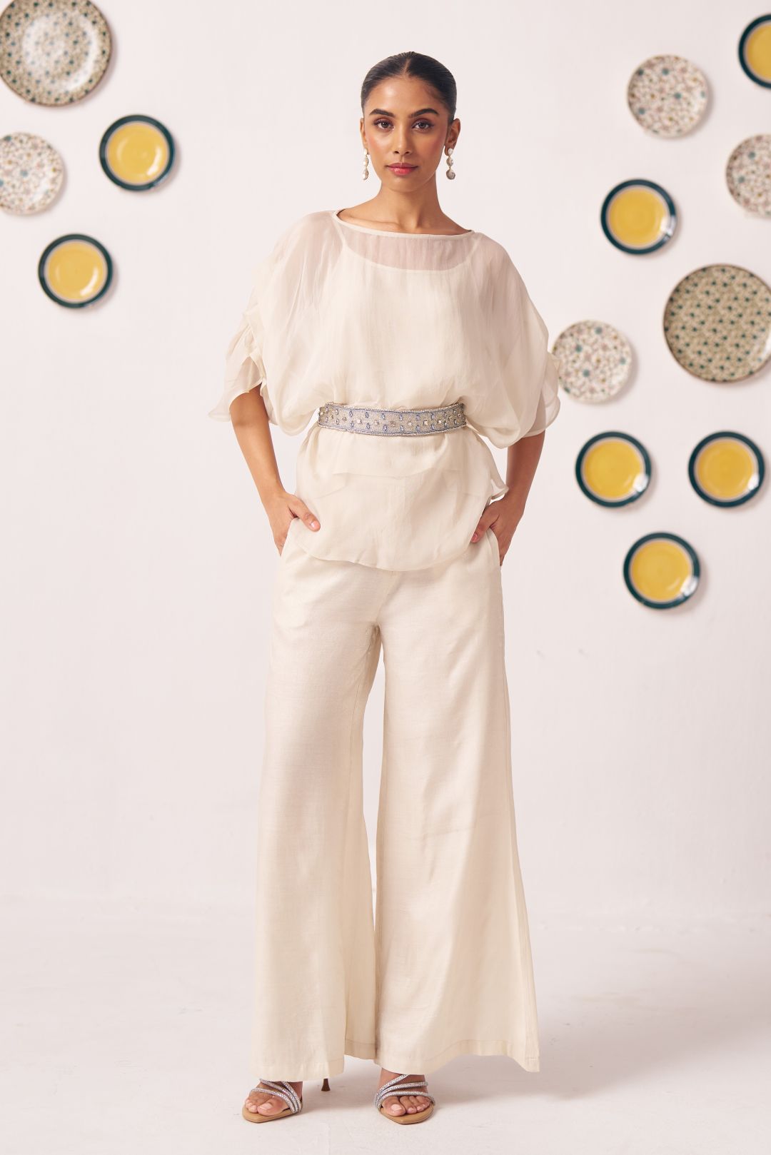 Oyster Ivory Sheer Top & Wide - Leg Pants Co - Ord Set - Western Era Co - ord set for women