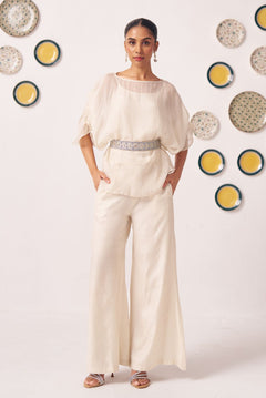Oyster Ivory Sheer Top & Wide - Leg Pants Co - Ord Set - Western Era Co - ord set for women