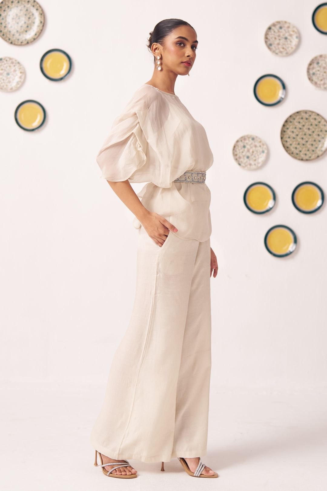 Oyster Ivory Sheer Top & Wide - Leg Pants Co - Ord Set - Western Era Co - ord set for women