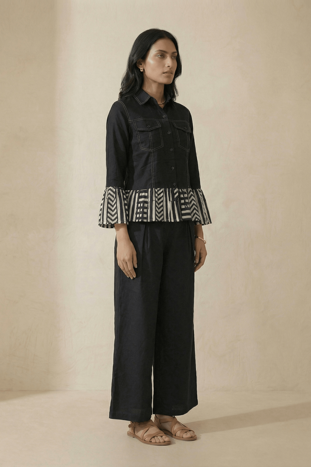 Panel Stripe Shirt In Top Stitch With Trouser Co - ord Set - Western Era Co - ord set for women