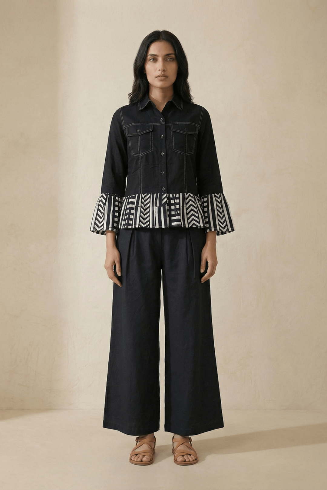 Panel Stripe Shirt In Top Stitch With Trouser Co - ord Set - Western Era Co - ord set for women