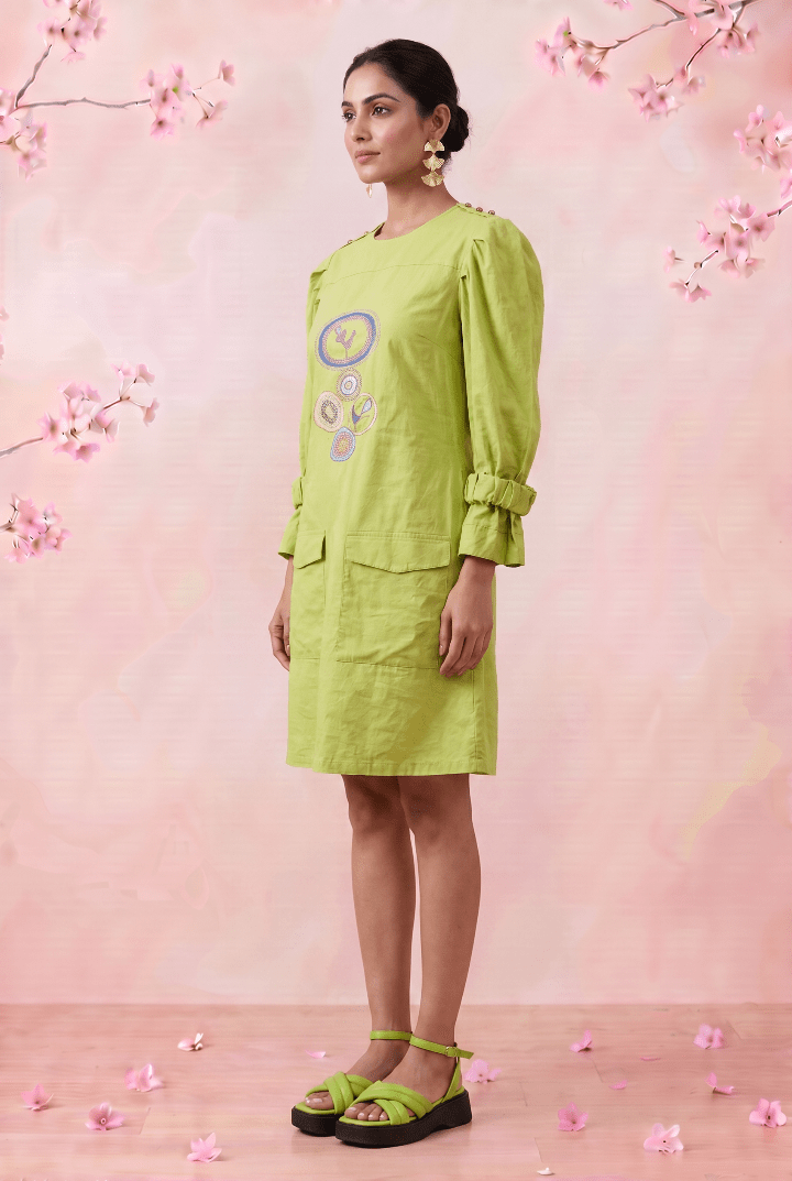 Parrot Green Structured Cuffs Embroidered Midi Dress - Western Era Dresses for women