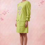 Parrot Green Structured Cuffs Embroidered Midi Dress - Western Era Dresses for women