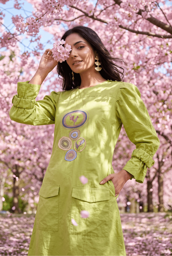 Parrot Green Structured Cuffs Embroidered Midi Dress - Western Era Dresses for women