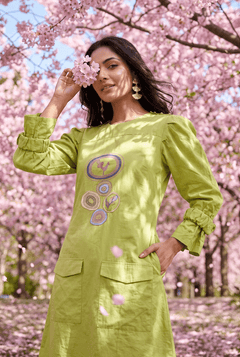Parrot Green Structured Cuffs Embroidered Midi Dress - Western Era Dresses for women