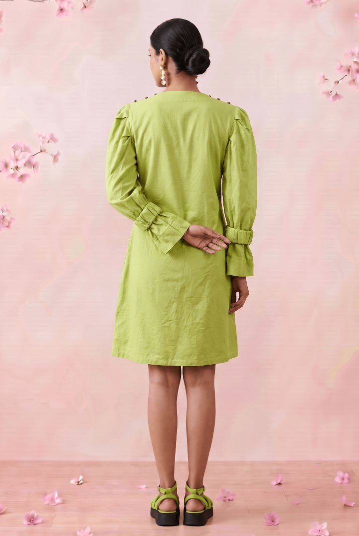 Parrot Green Structured Cuffs Embroidered Midi Dress - Western Era Dresses for women