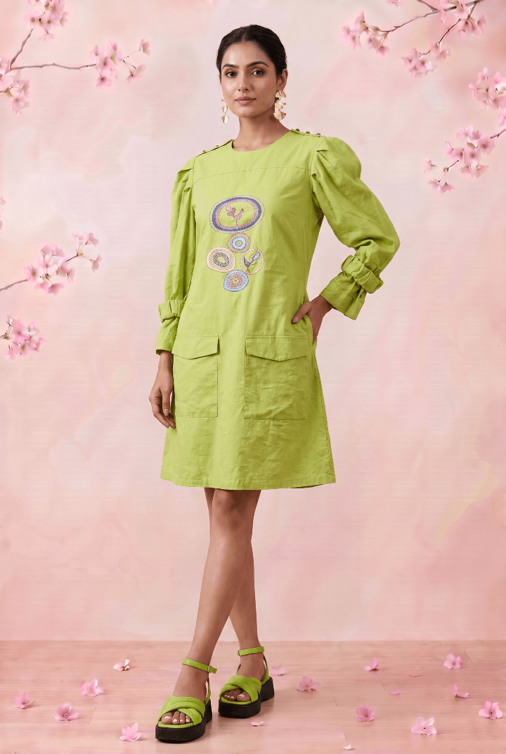 Parrot Green Structured Cuffs Embroidered Midi Dress - Western Era Dresses for women