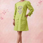 Parrot Green Structured Cuffs Embroidered Midi Dress - Western Era Dresses for women