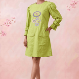 Parrot Green Structured Cuffs Embroidered Midi Dress - Western Era Dresses for women