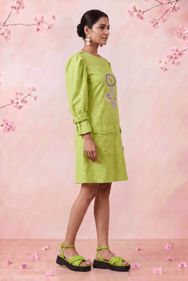 Parrot Green Structured Cuffs Embroidered Midi Dress - Western Era Dresses for women