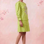 Parrot Green Structured Cuffs Embroidered Midi Dress - Western Era Dresses for women