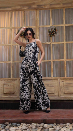 Party Wear Black and White Linen Jumpsuit