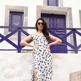 Party Wear Printed Linen Long Dress With Slit - Western Era Dresses for women