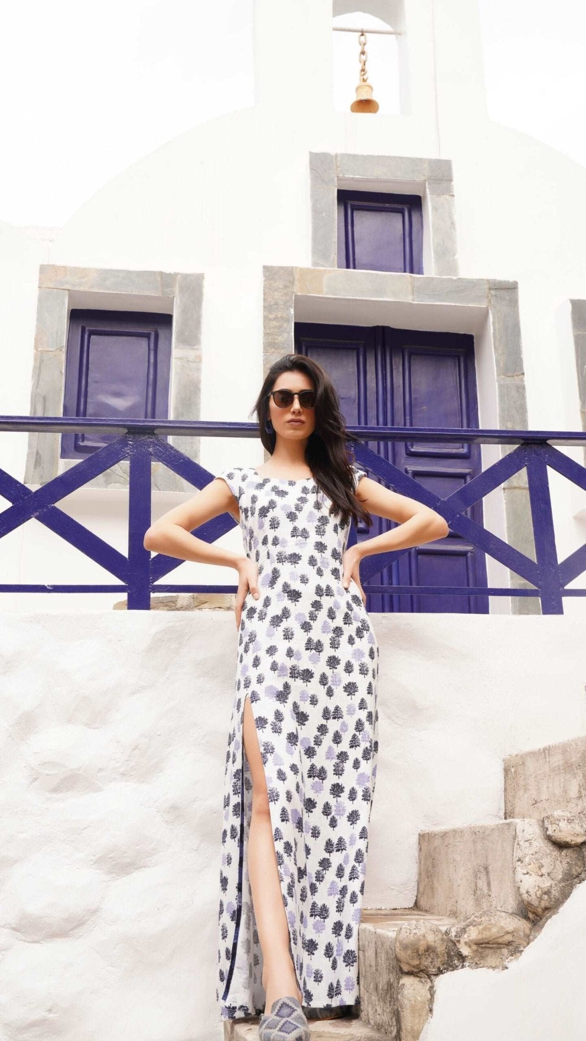 Party Wear Printed Linen Long Dress With Slit - Western Era Dresses for women