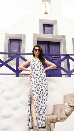 Party Wear Printed Linen Long Dress With Slit