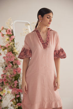 Peach Embroidered Balloon Sleeves and V-Neck Collar Long Dress With Spaghetti