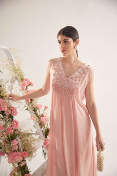 Peach Falling Flower Embroidery Long Dress With Spaghetti - Western Era Dresses for women