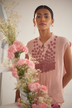 Peach Front Gradient Embroidery Flower With Pearls Top and Spaghetti