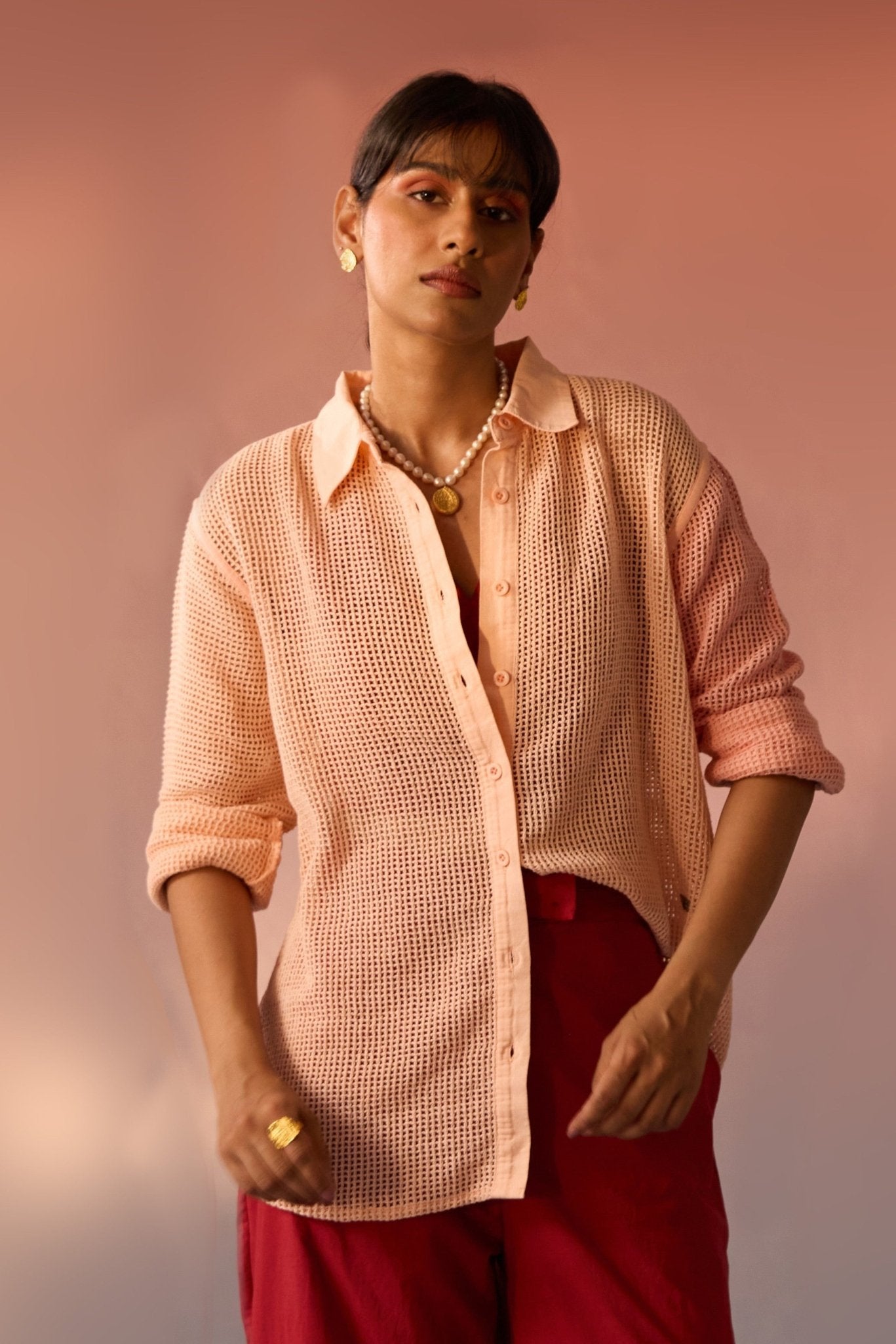 Peach Mesh Oversized Shirt - Western Era Tops for women