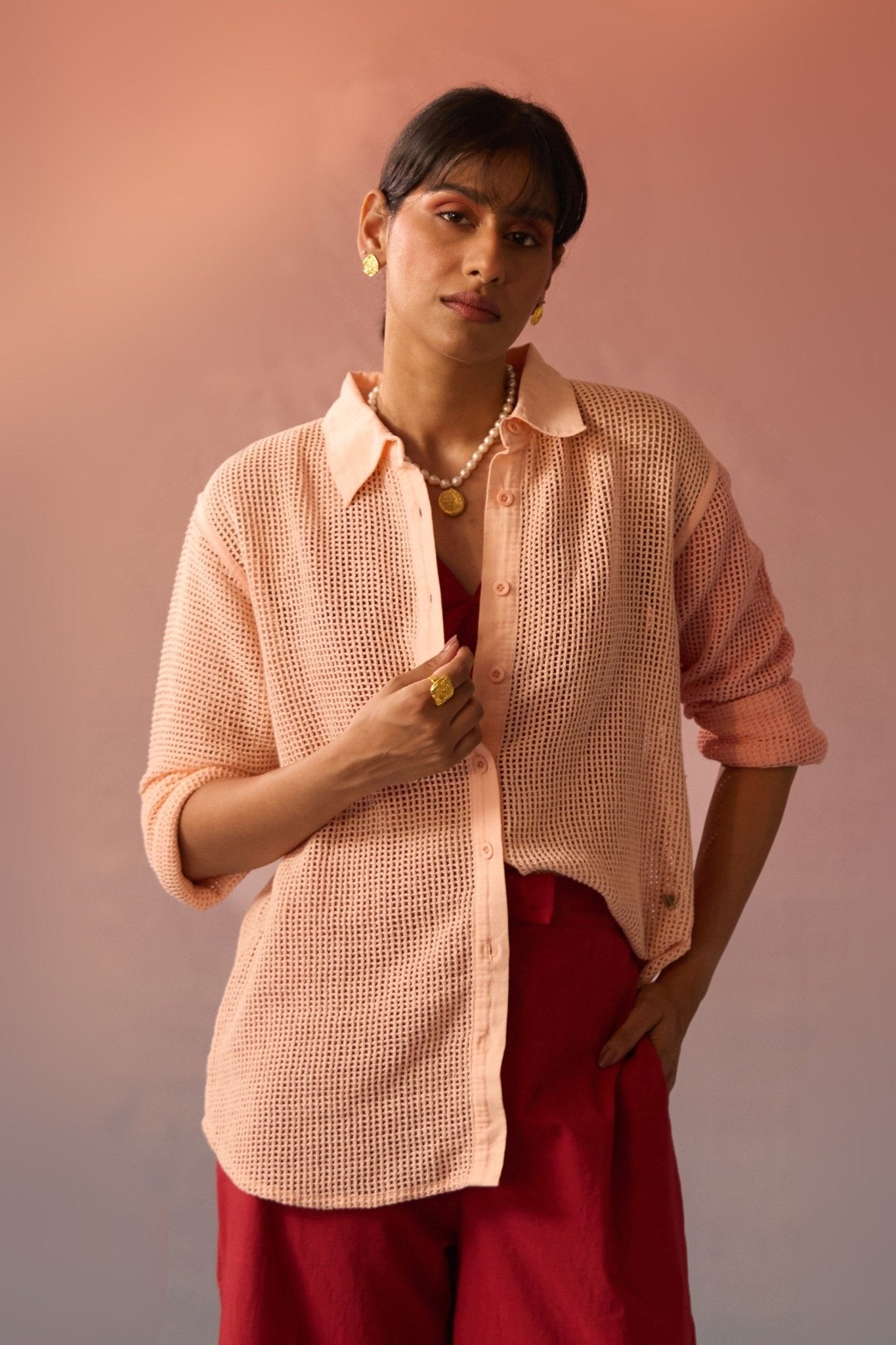 Peach Mesh Oversized Shirt - Western Era Tops for women