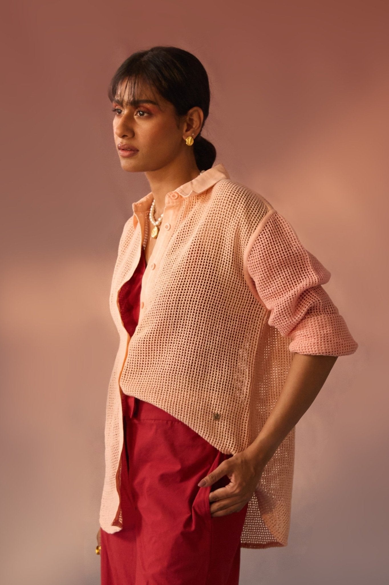 Peach Mesh Oversized Shirt - Western Era Tops for women