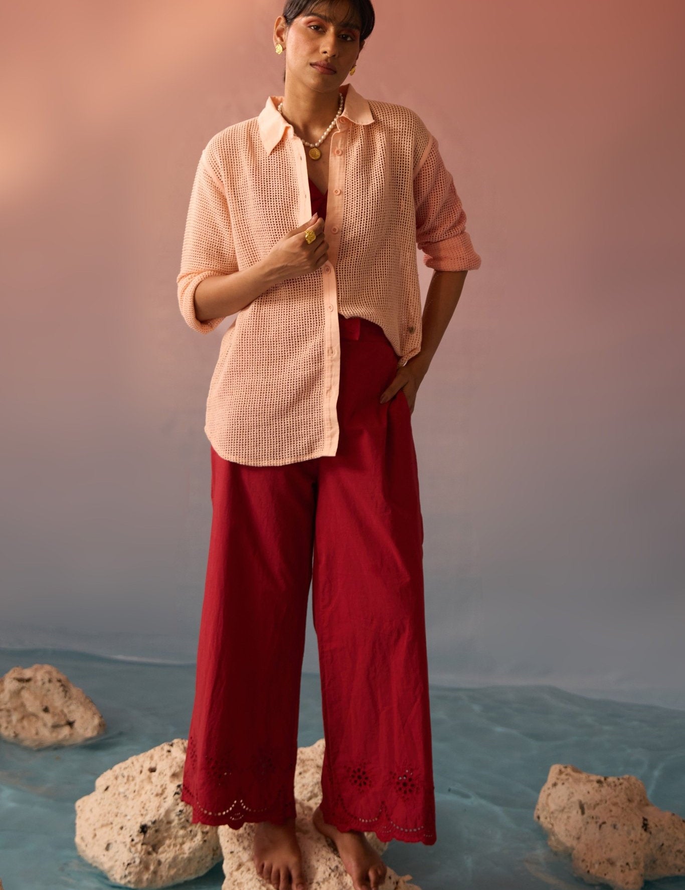 Peach mesh oversized shirt with Schiffli trousers - Western Era Co - ord set for women