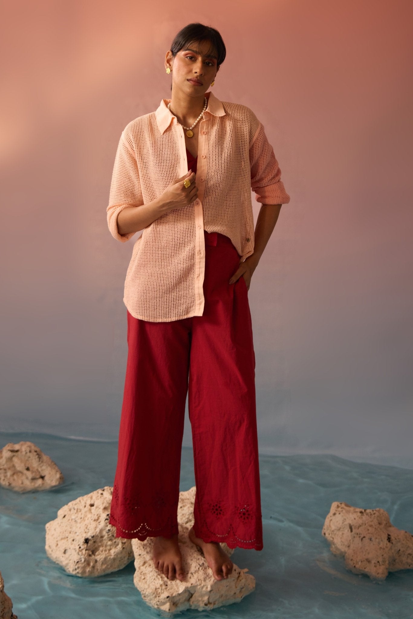 Peach mesh oversized shirt with Schiffli trousers - Western Era Co - ord set for women