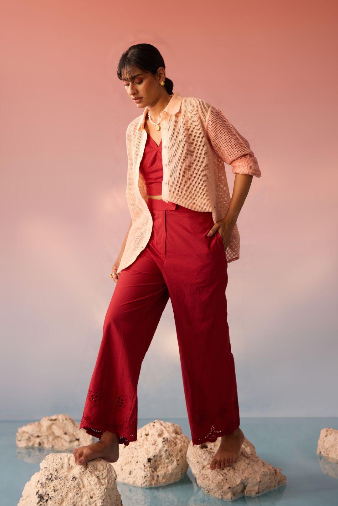 Peach mesh oversized shirt with Schiffli trousers - Western Era Co - ord set for women