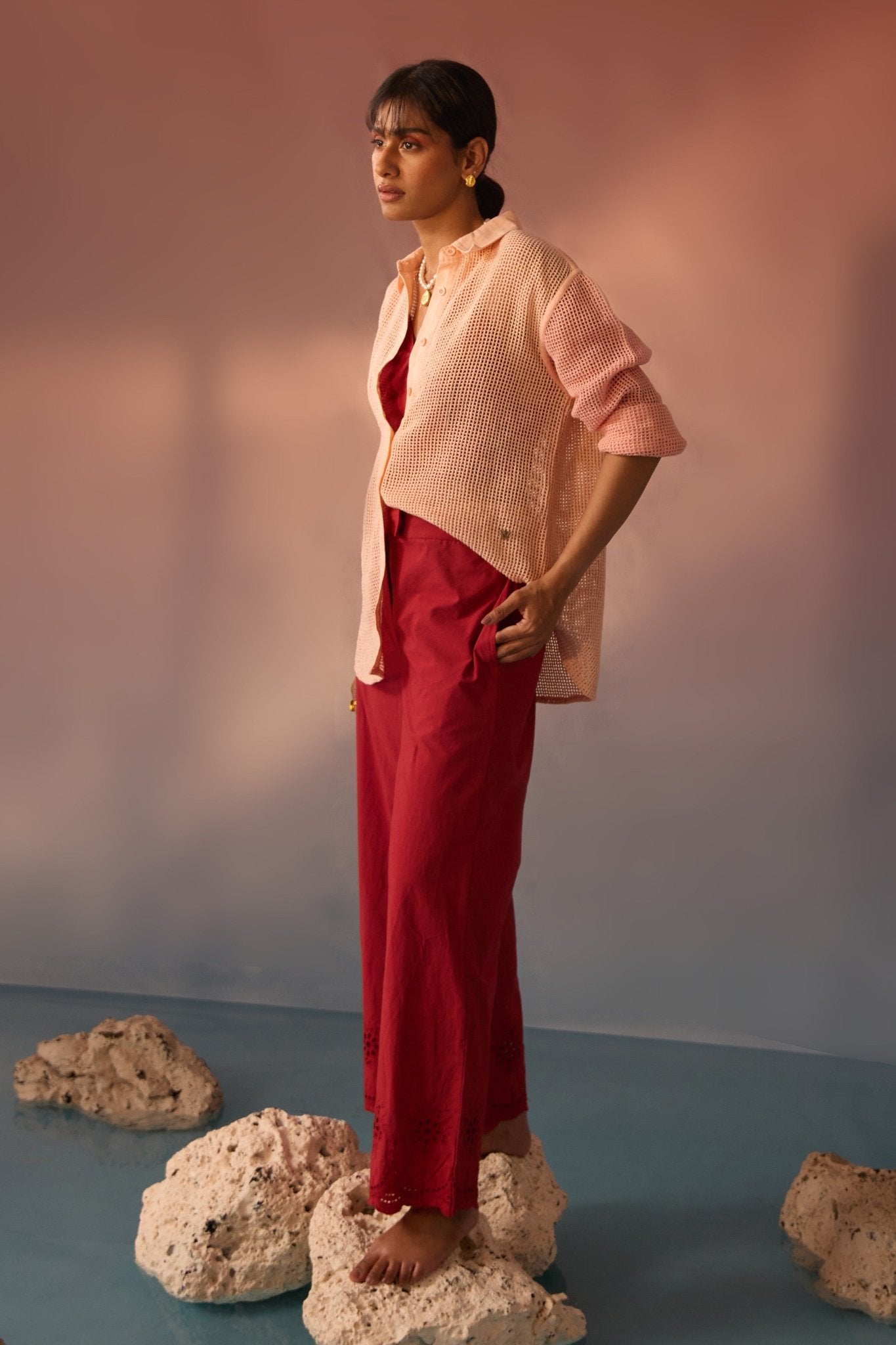 Peach mesh oversized shirt with Schiffli trousers - Western Era Co - ord set for women