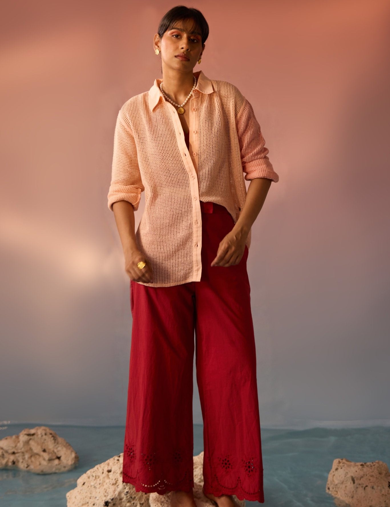 Peach mesh oversized shirt with Schiffli trousers - Western Era Co - ord set for women