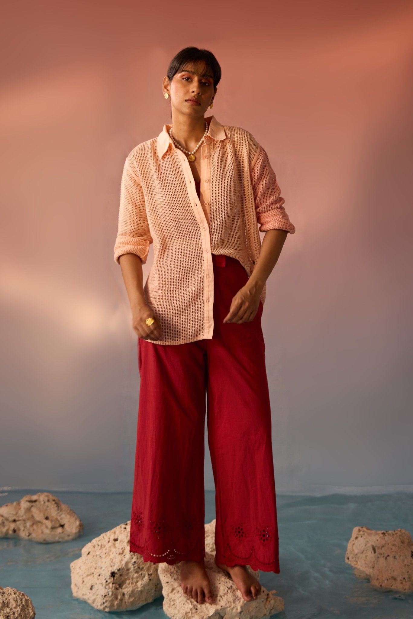 Peach mesh oversized shirt with Schiffli trousers - Western Era Co - ord set for women