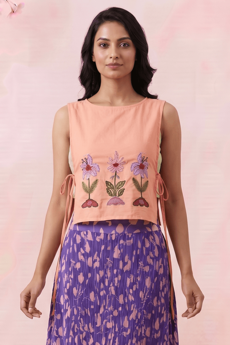 Peach Pink Front Flower Embroidery Sleeveless Side Tie - Up Overtop - Western Era Tops for women