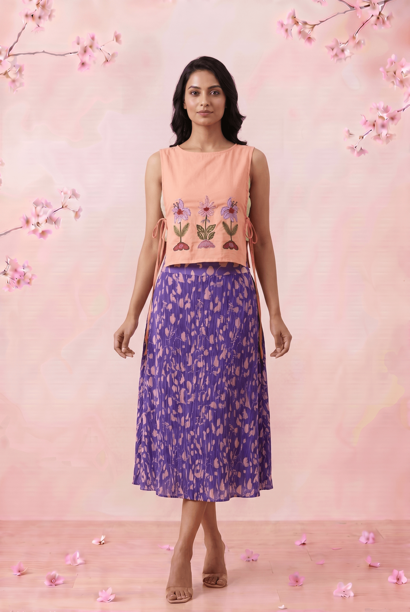 Peach Pink Front Flower Embroidery Sleeveless Side Tie - Up Overtop - Western Era Tops for women