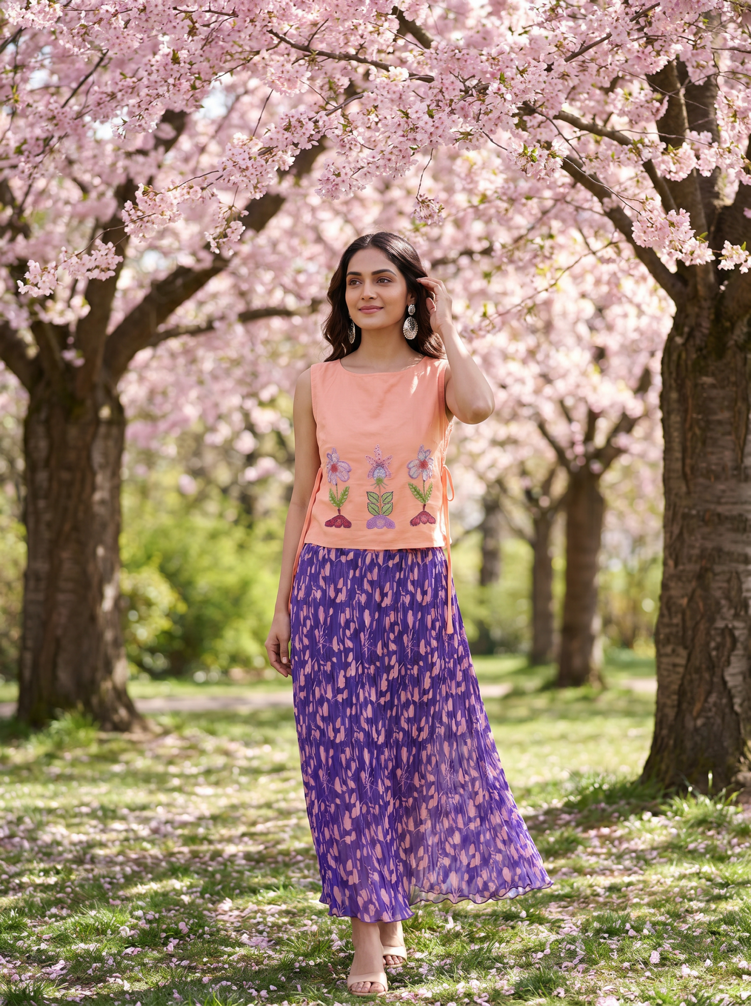 Peach Pink Front Flower Embroidery Sleeveless Side Tie - Up Overtop - Western Era Tops for women