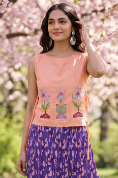 Peach Pink Front Flower Embroidery Sleeveless Side Tie - Up Overtop - Western Era Tops for women
