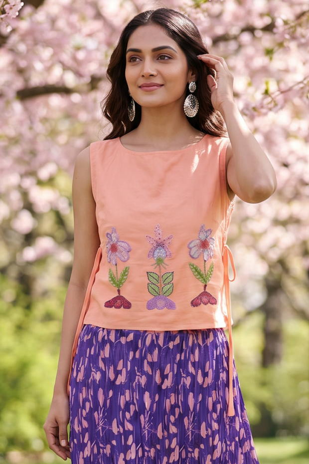 Peach Pink Front Flower Embroidery Sleeveless Side Tie - Up Overtop - Western Era Tops for women