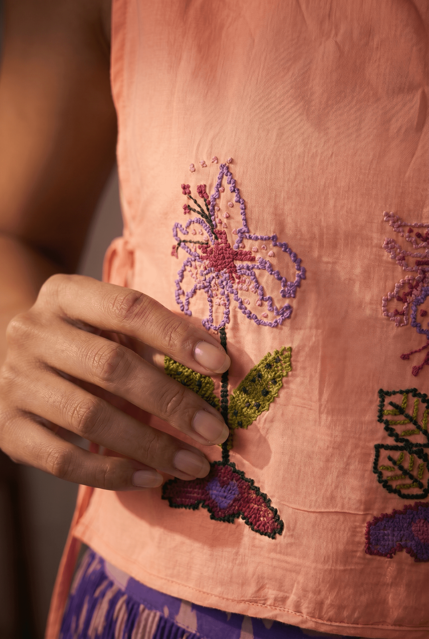Peach Pink Front Flower Embroidery Sleeveless Side Tie - Up Overtop - Western Era Tops for women