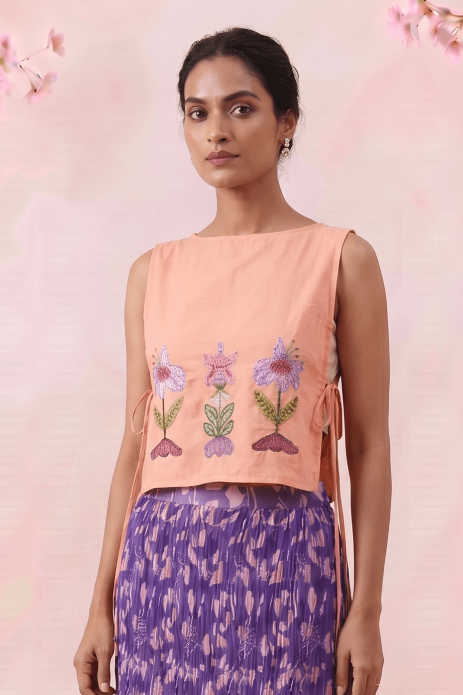 Peach Pink Front Flower Embroidery Sleeveless Side Tie - Up Overtop - Western Era Tops for women