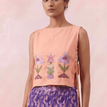 Peach Pink Front Flower Embroidery Sleeveless Side Tie - Up Overtop - Western Era Tops for women