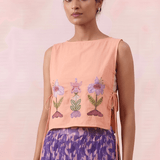 Peach Pink Front Flower Embroidery Sleeveless Side Tie - Up Overtop - Western Era Tops for women