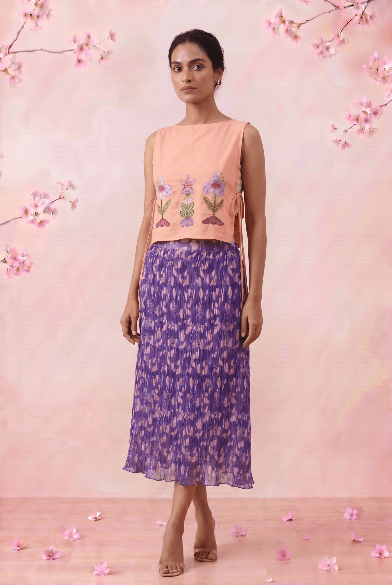 Peach Pink Front Flower Embroidery Sleeveless Side Tie - Up Overtop - Western Era Tops for women