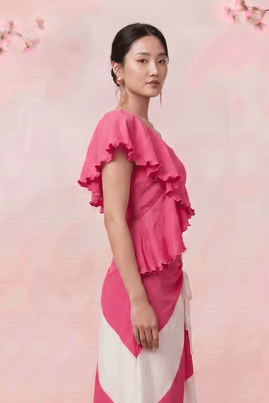 Petal Drift One Shoulder Scalloped Embroidery Frilled Top - Western Era Tops for women