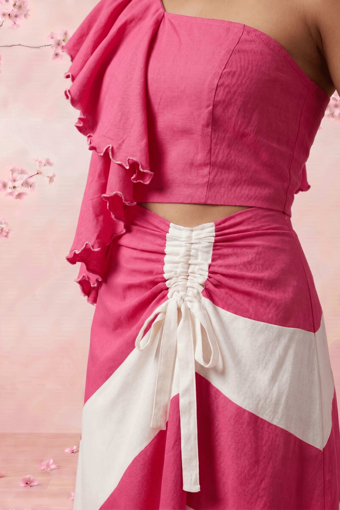 Petal Drift One Shoulder Top And Pink White Colour Block Skirt Set - Western Era Co - ord set for women