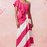 Petal Drift One Shoulder Top And Pink White Colour Block Skirt Set - Western Era Co - ord set for women