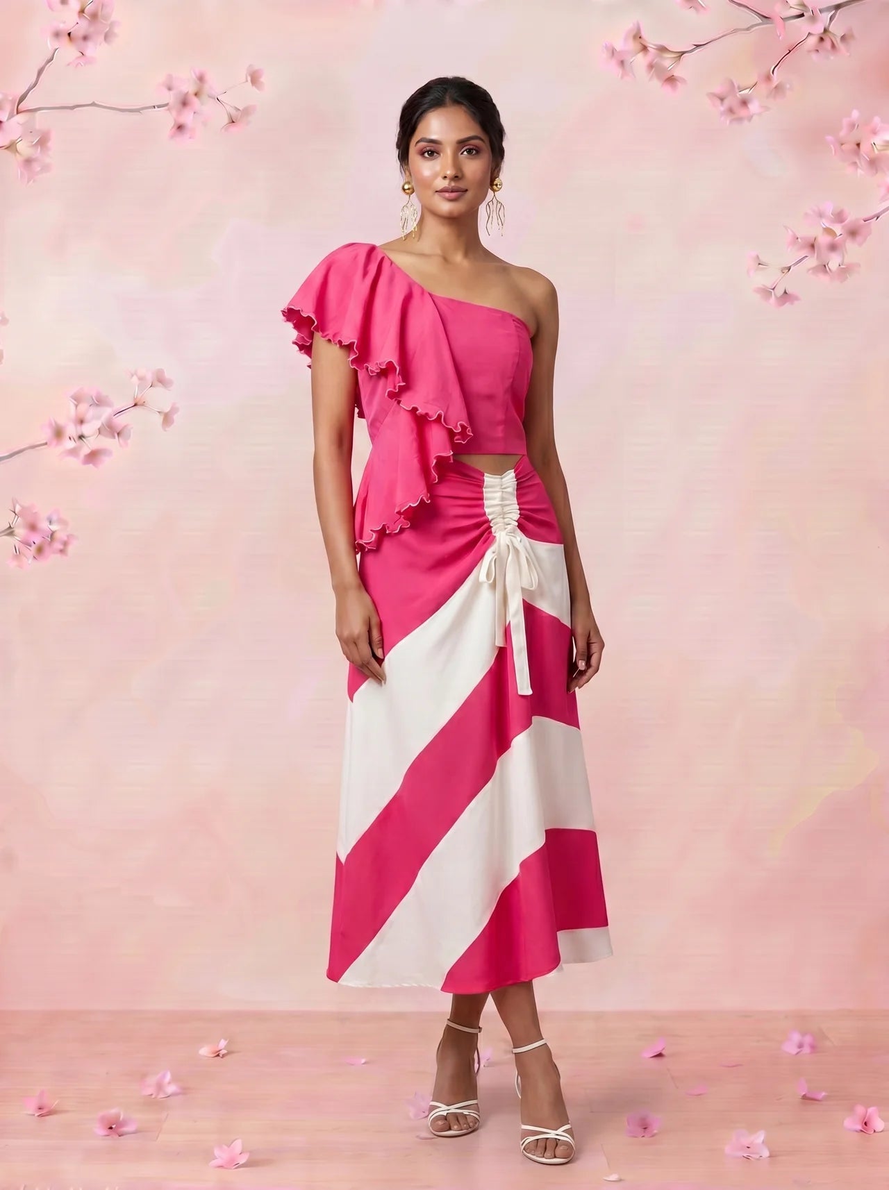 Petal Drift One Shoulder Top And Pink White Colour Block Skirt Set - Western Era Co - ord set for women