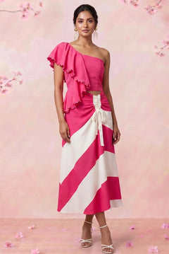 Petal Drift One Shoulder Top And Pink White Colour Block Skirt Set - Western Era Co - ord set for women