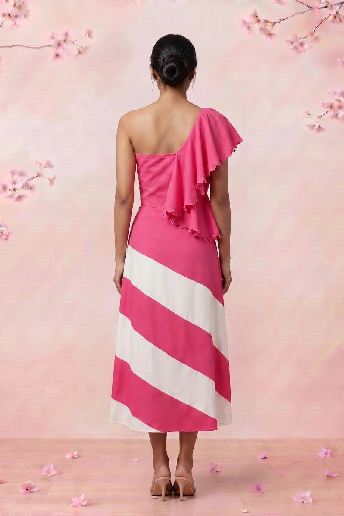 Petal Drift One Shoulder Top And Pink White Colour Block Skirt Set - Western Era Co - ord set for women